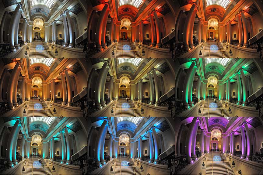 9 of the 14 preset color options provided by our uplights (MFA, Boston)